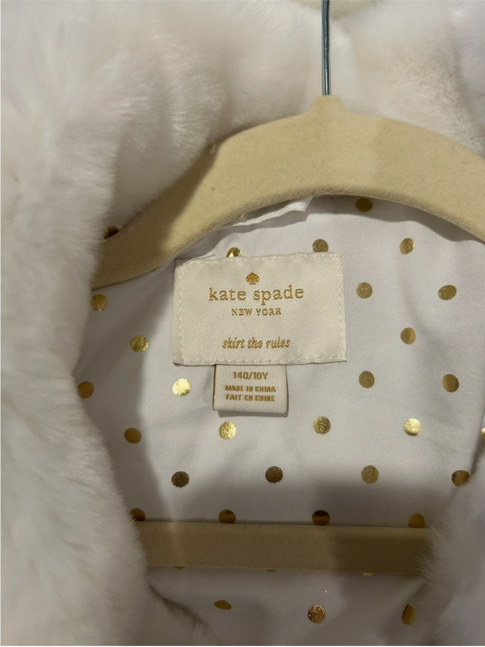 kate spade Cream Faux Fur Girls' Coat with Gold Polka Dot Lining
